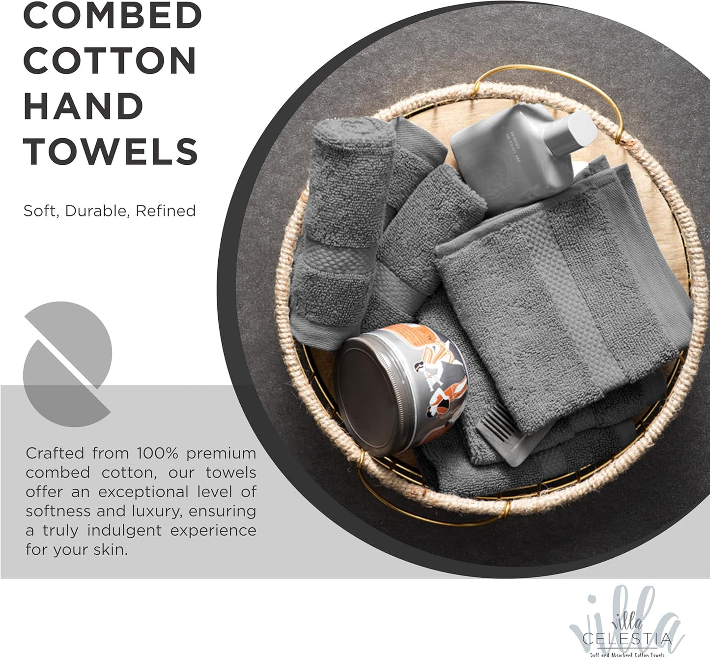 100% Cotton Hand Towel Set of 2, (16 x 28 inches) Sustainable, Soft, Highly Absorbent, Quick Drying, Combed Cotton Hand Towels Pack of 2 Ideal for Hotels, Spa, Bathroom, Dorm, Grey