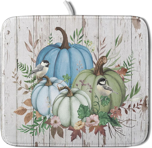 Fall Blue Pumpkin Dish Drying Mat 16x18 inch Autumn Harvest Dish Rack Mats Reversible Microfiber Drainer Pad for Kitchen Countertop Decor