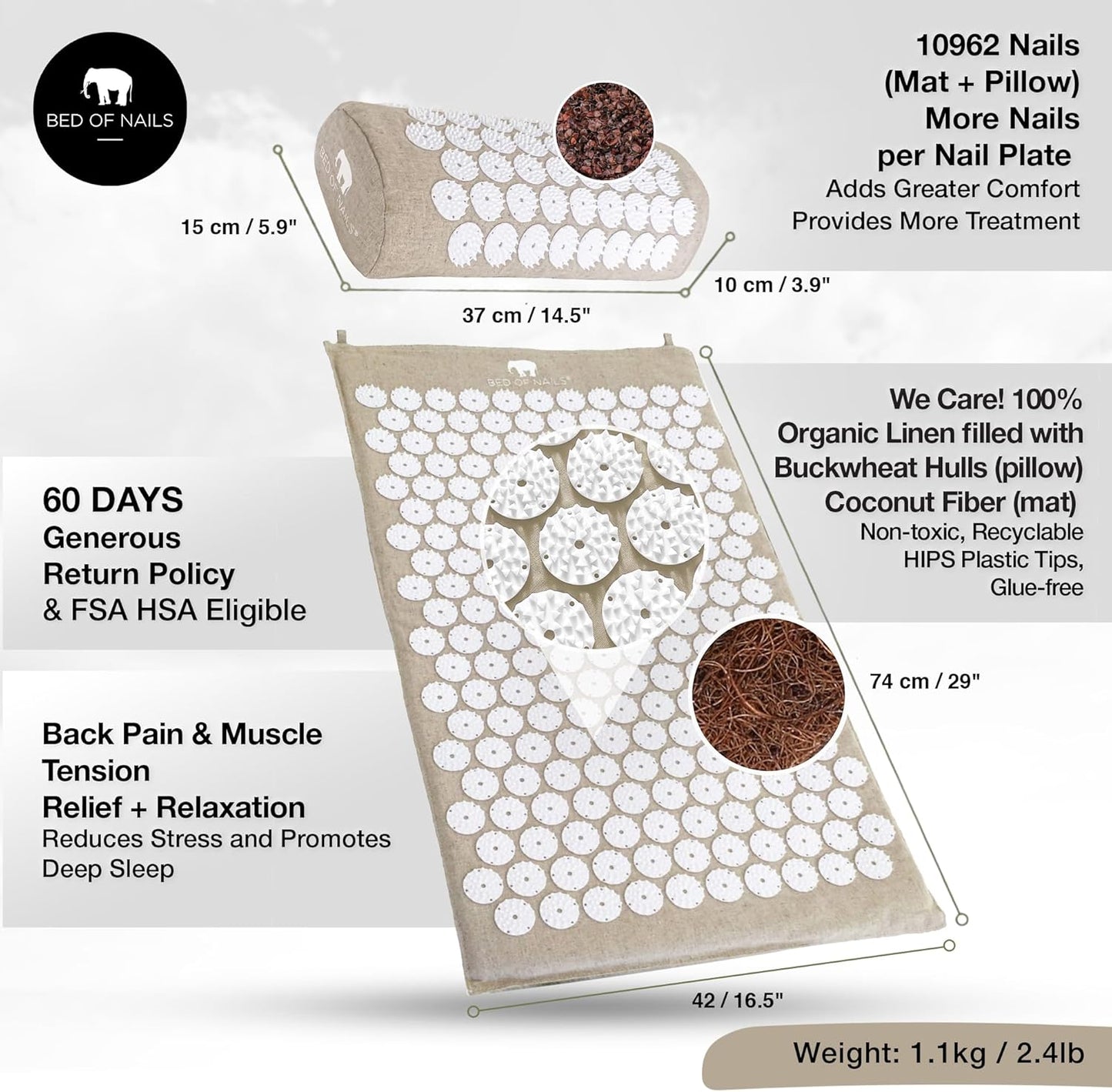 Bed of Nails Original Premium ECO Gift Set, Acupressure Mat and Pillow with 10,962 Pressure Points, Relieves Neck/Back Pain, Relaxes, Increases Energy, Includes Bag