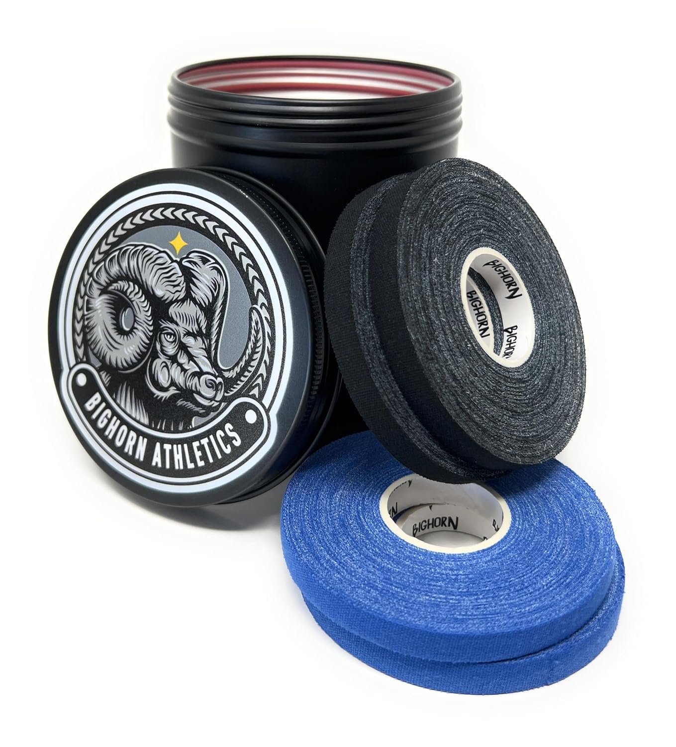 Bighorn Athletics Black Aluminium Tin Can Holder for Athletic Finger Tape, Large | Holds 8-rolls of 0.5-Inch Athletic Finger Tape