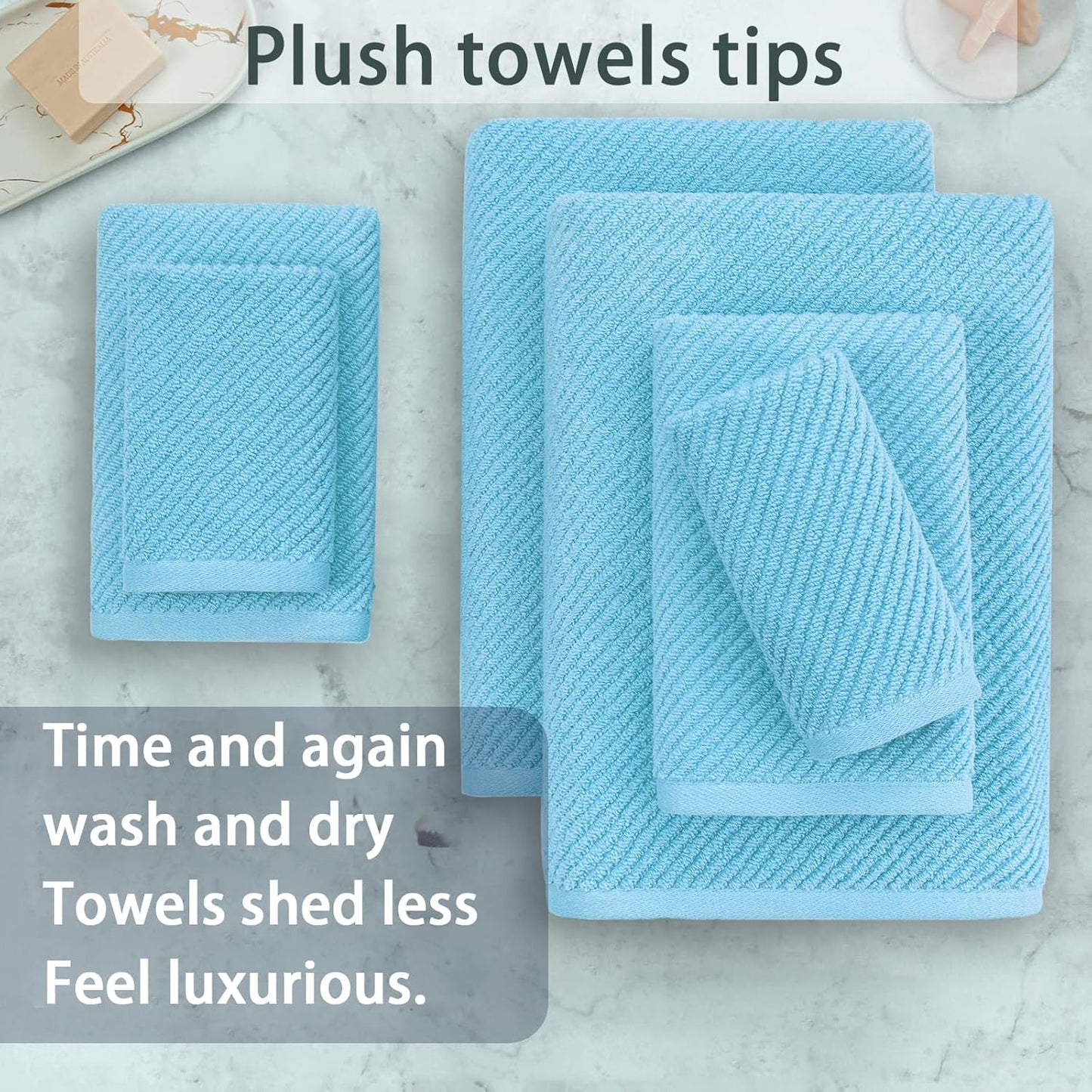 Towels for Bathroom - 100% Cotton | Quick Dry | Lightweight | Thick | Soft, Towel Set of 6, 2 Large Bath 30"x56", 2 Hand 18"x28", 2 Wash Cloths 13"x13", Luxury Towel Gift Set, Blue Towels Bathroom Set