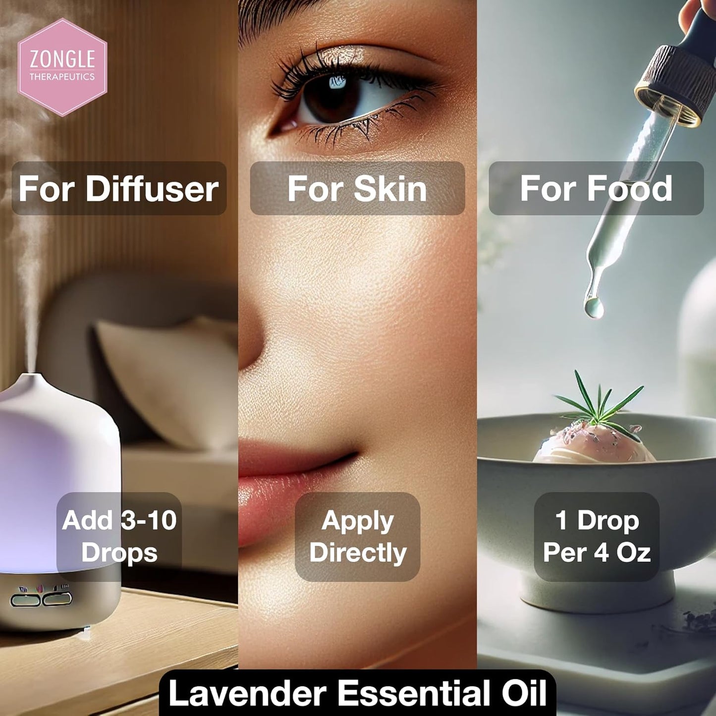 Organic, Lavender Essential Oil, Food Grade, for Drinks, Skin, Hair – 100% Pure, Lavender Oil, by Zongle Therapeutics, 1 OZ