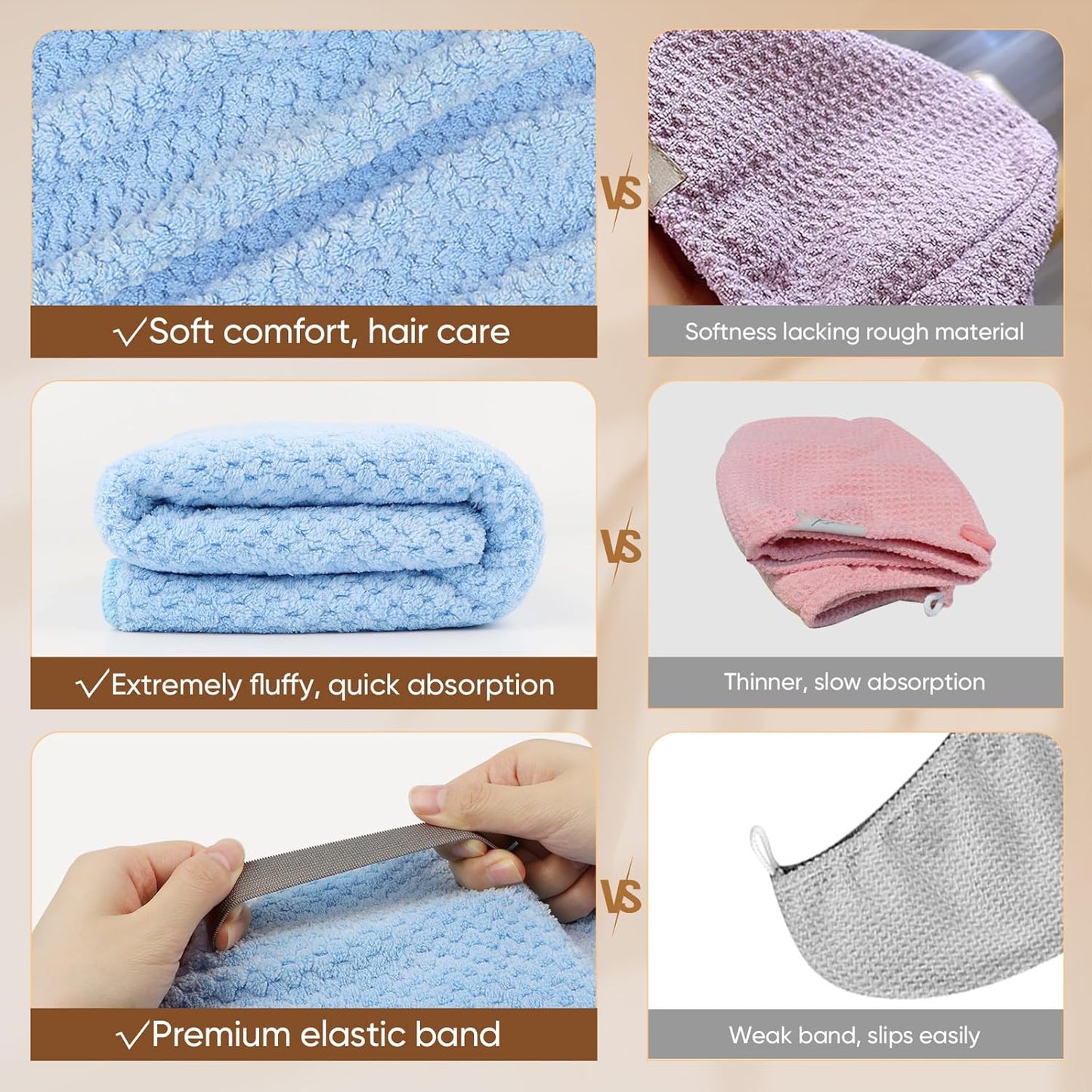 HOMEXCEL 5 Pack Microfiber Hair Towels - 40 x 20 inches Super Soft, Fast Drying Turbans for Long, Thick, Curly Hair - Anti Frizz Wrap with Elastic Strap, Blue/Pink/Grey