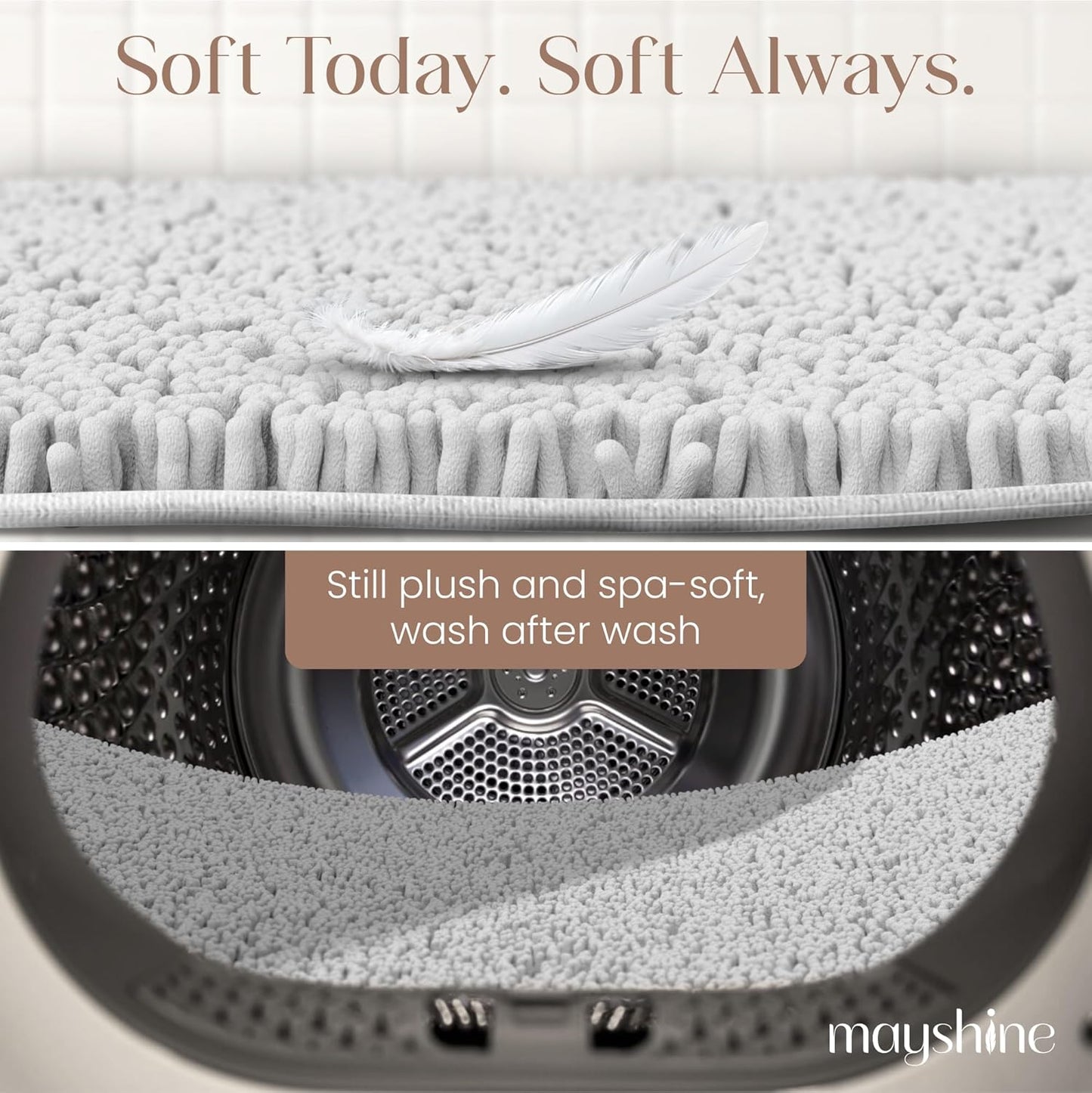 MAYSHINE Plush Shaggy Chenille Bath Mat | Extra Soft, Super Absorbent, Non-Slip Bathroom Rug | Fluffy Microfiber, Area Rug Sets for Bathroom Floor, Kitchen, Living Room | 59"x31" | White