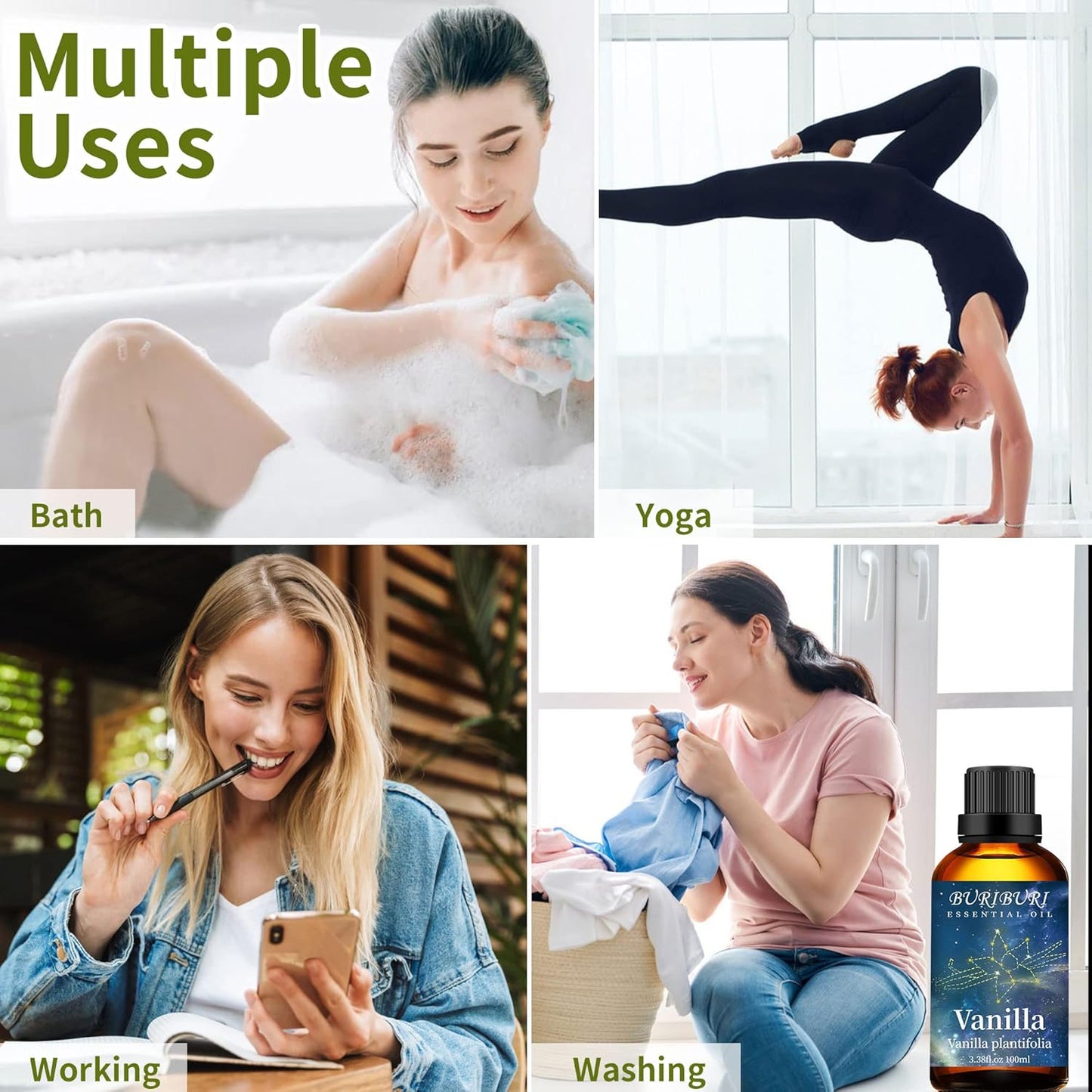 BURIBURI Pure Vanilla Essential Oil and Coconut Oil 100ml Organic Aromatherapy Oils 3.38 fl.oz Coconut Essential Oil for Diffuser Humidifier