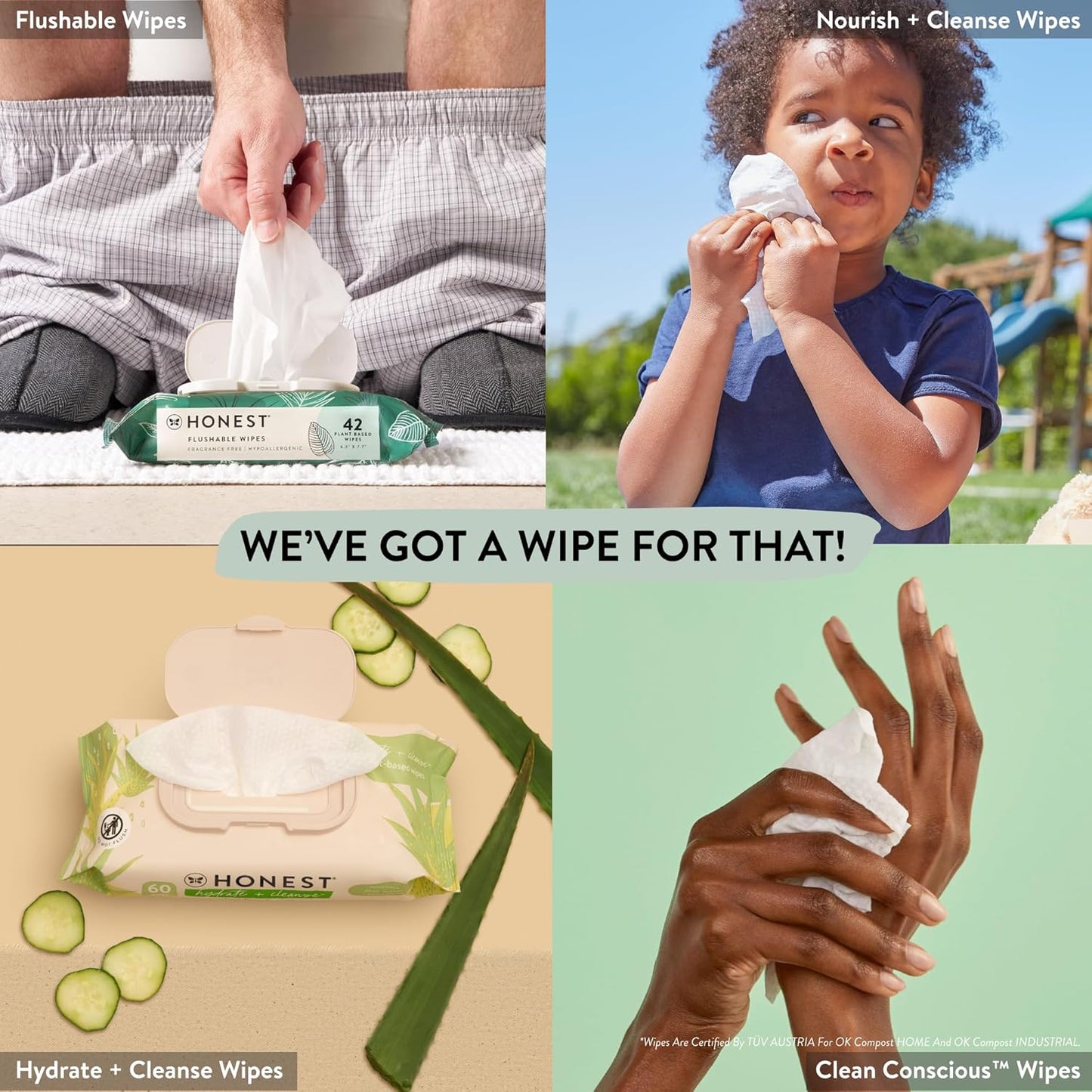 The Honest Company Clean Conscious Multi-Use Wipes Hypoallergenic and Unscented for Sensitive Baby Skin Over 99% Water Compostable Plant Based Baby Wipes Balance Blues 60 Count