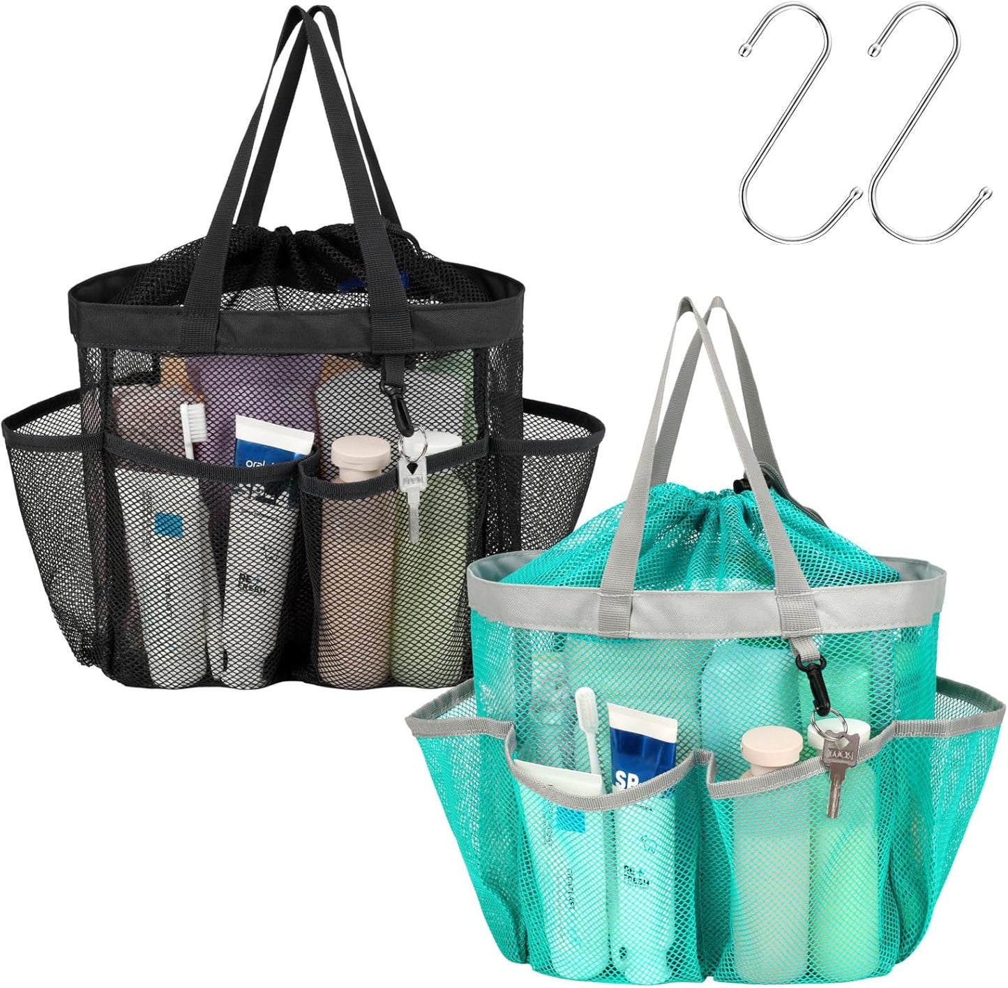 F-color Mesh Shower Caddy Portable with Drawstring - 8 Pockets Dorm Room Essentials for Guys Girls with S Hook, Shower Bag Basket Tote for College Camping Bathroom, 2 Pack Black & Mint Green