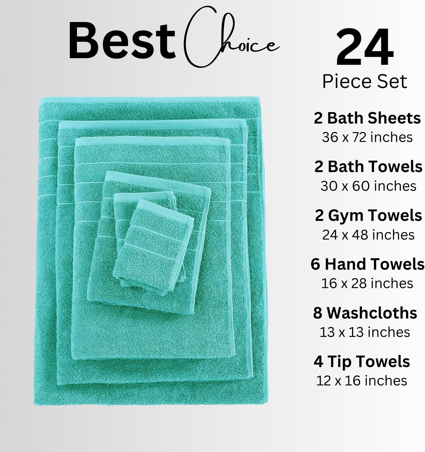 Casa Platino 100% Cotton Towels for Bathroom – 24 Pc Set – Quick Dry, Soft & Absorbent Ring Spun Terry Fabric, Full Set for Family & Guests, Hotel Feel Everyday – Aqua Sky