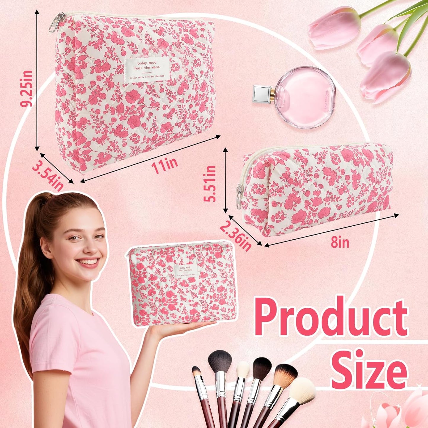 2Pcs Quilted Makeup Bag Set Flower Cute Pencil Case Large Small Travel Makeup Pouch Set for Women Coquette Makeup Bag Aesthetic Cotton Cosmetic Bag Pink Toiletry Organizer Storage Bag Big Zipper Pouch