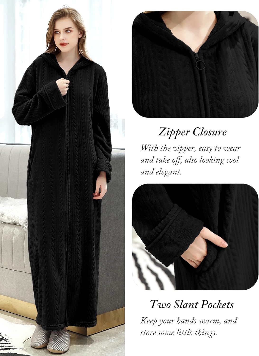 Hellomamma Long Hooded Zipper Bathrobe for Womens Flannel Fleece Robes Winter Warm Housecoat Nightgown Sleepwear Pajamas