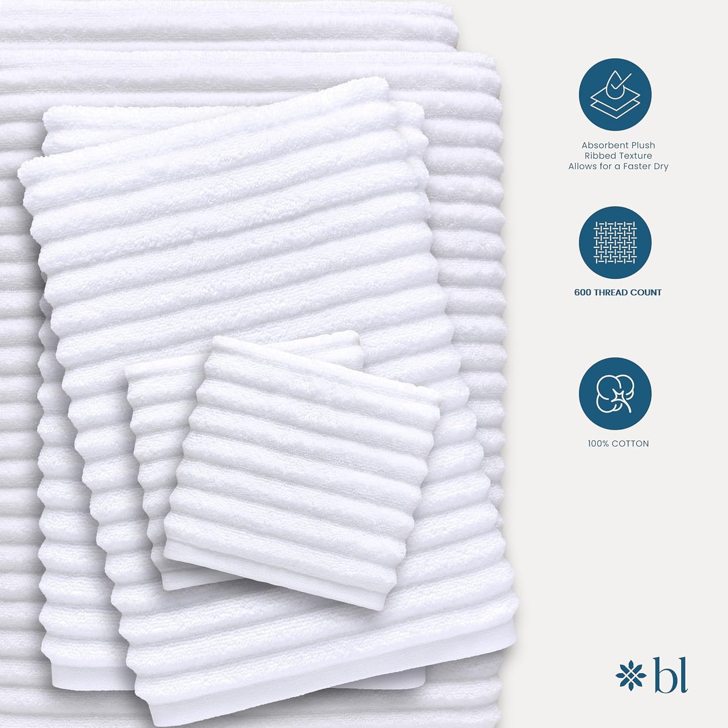 Blue Loom Ribbed Bath Towels Set, 100% Cotton 600GSM, Soft Absorbent Durable 2 Bath Towels, 2 Hand Towels, 2 Wash Cloths for Bathroom - Mason (58" x 30" inch Towels) (White, 6 Piece)