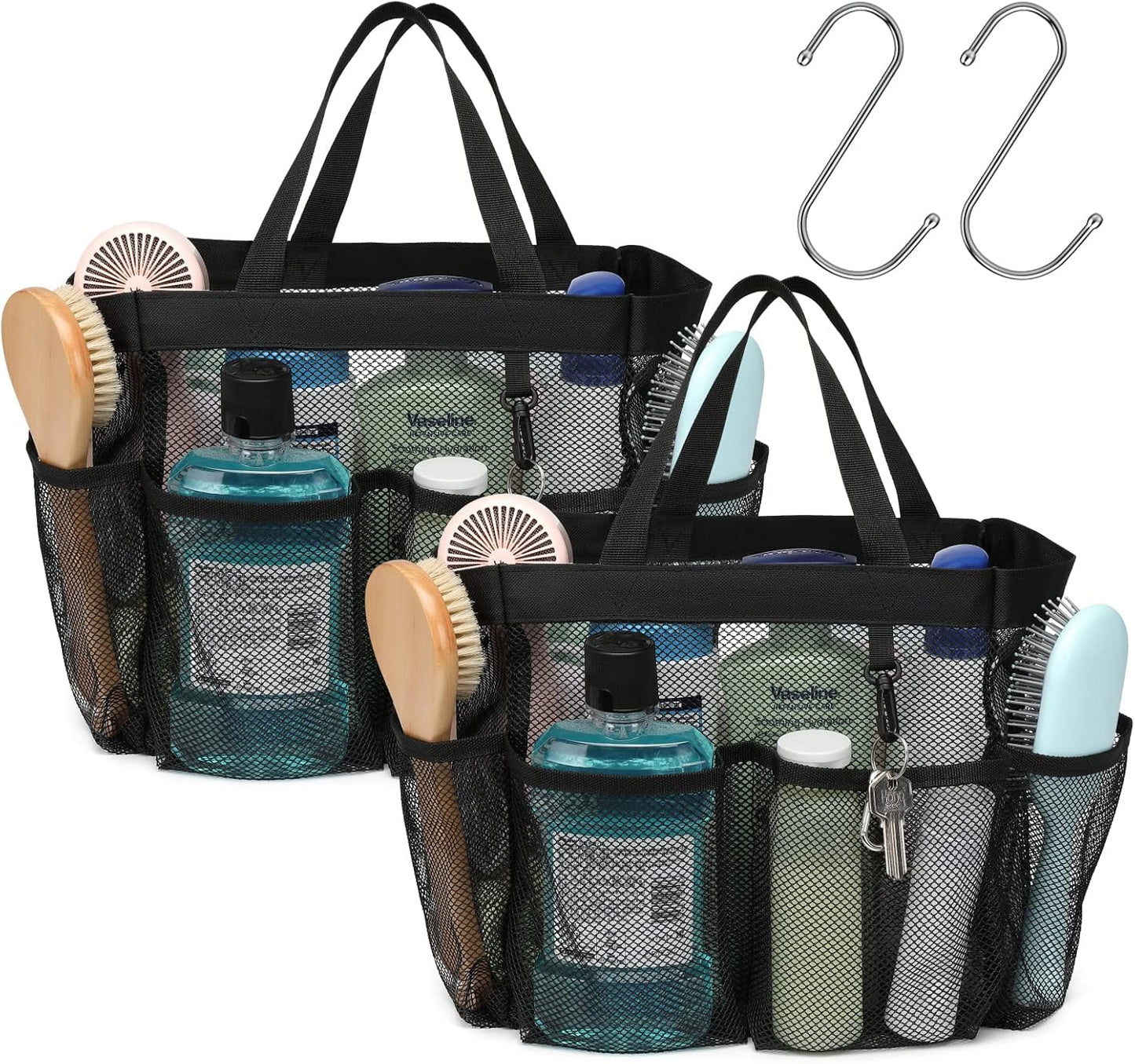 F-color Mesh Shower Caddy Portable, Upgrade Deeper 7 Pockets Shower Bag Basket Tote for College Dorm Room Bathroom Essentials Gym Camp Quick Dry 2 handles with S Hook, 2 Pack Black