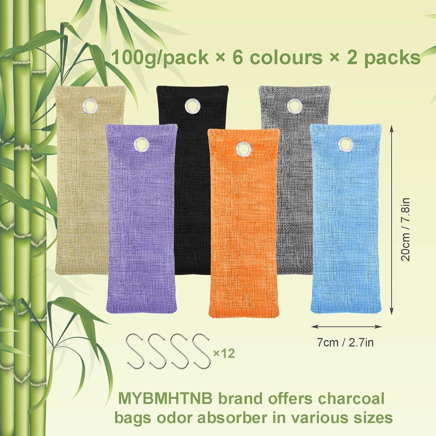 Charcoal Air Purifying Bags 12 Pack×100g Bamboo Charcoal Bags Odor Absorber, for Car Air Fresheners, Odor Eliminator for Home，Shoe Deodorizer - Colorful-Activated Charcoal Odor Absorbers