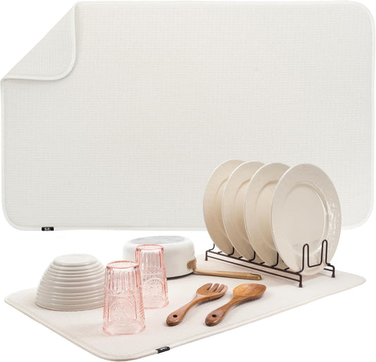 S&T INC. Dish Drying Mat Jumbo, 18” x 30”, Absorbent Microfiber Kitchen Counter Mat, Dish Drying Pad for Dishes, Utensils, Pots and Pans, Jumbo, Cream