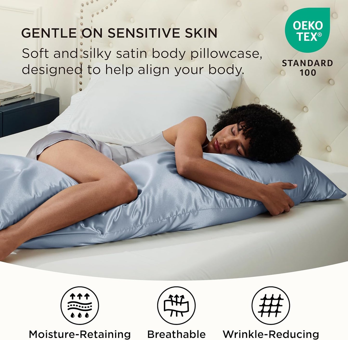 Bedsure Body Pillow Cover 20x54 Inches - Stone Blue Satin Similar to Silk Pillowcase for Hair and Skin, Cooling and Silky Long Body Pillow Pillowcase with Envelope Closure, Gifts for Women Men