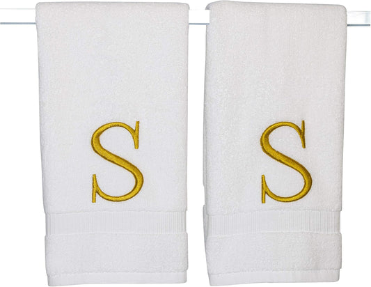 Monogrammed Hand Towels for Bathroom - Luxury Hotel Quality Personalized Initial Decorative Embroidered Bath Towel for Powder Room, Spa - GOTS Organic Certified - Set of 2 Gold Letter S
