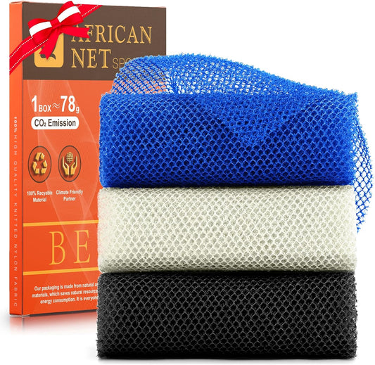 UJFQBH 3 Pieces African Bath Sponge African Net Long Net Bath Sponge Exfoliating Shower Body Scrubber Back Scrubber Skin Smoother,Great for Daily Use(Blue,Black,Off-White)