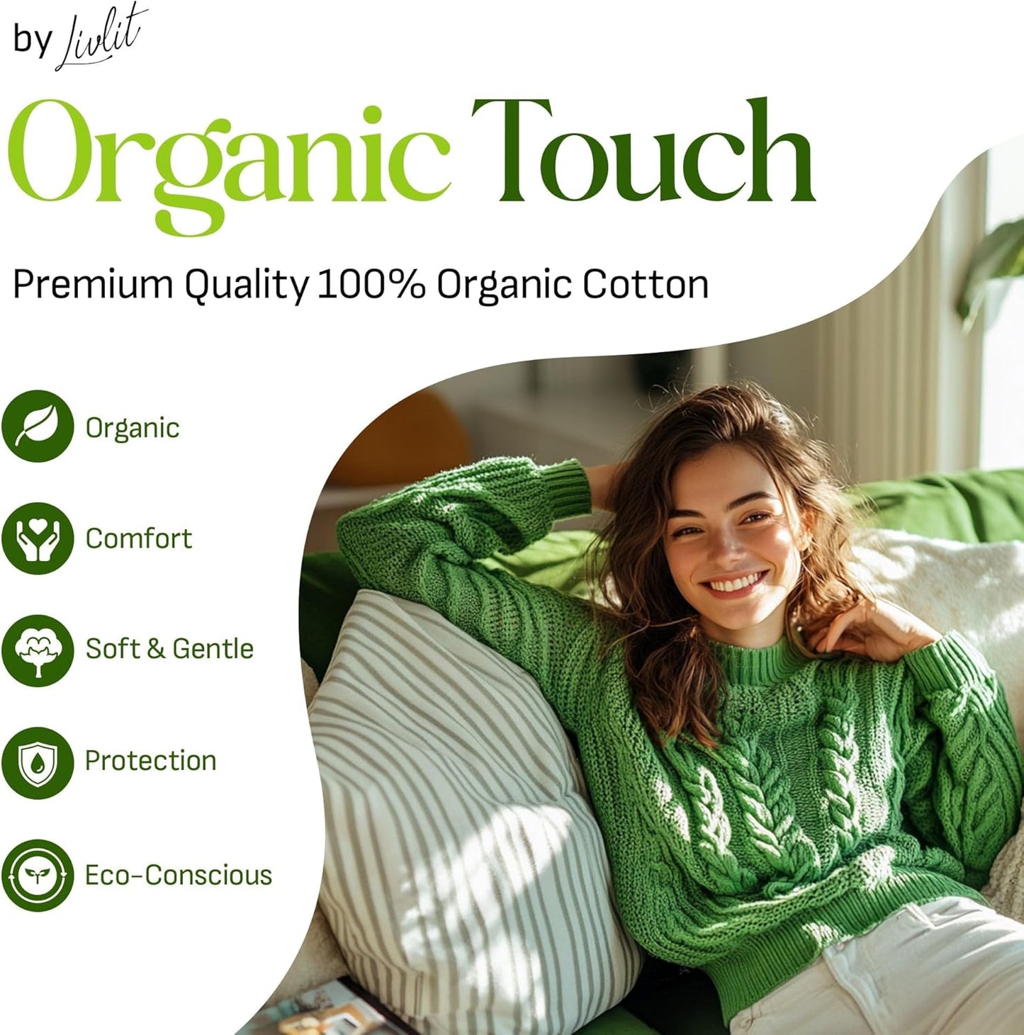 Livlit Regular Size Ultra Thin Sanitary Pads, 100% Organic Cotton from Texas, Powerful Leak Protection, Unscented, Chlorine Free and Absorbency of Feminine Periods, Pads for Women (36 Count)