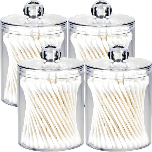 AXX Qtip Dispenser Apothecary Jars Bathroom - Qtip Holder Storage Canister Clear Plastic Jar for Cotton Swab,Q-Tips,Cotton Rounds (Clear 4Pcs)