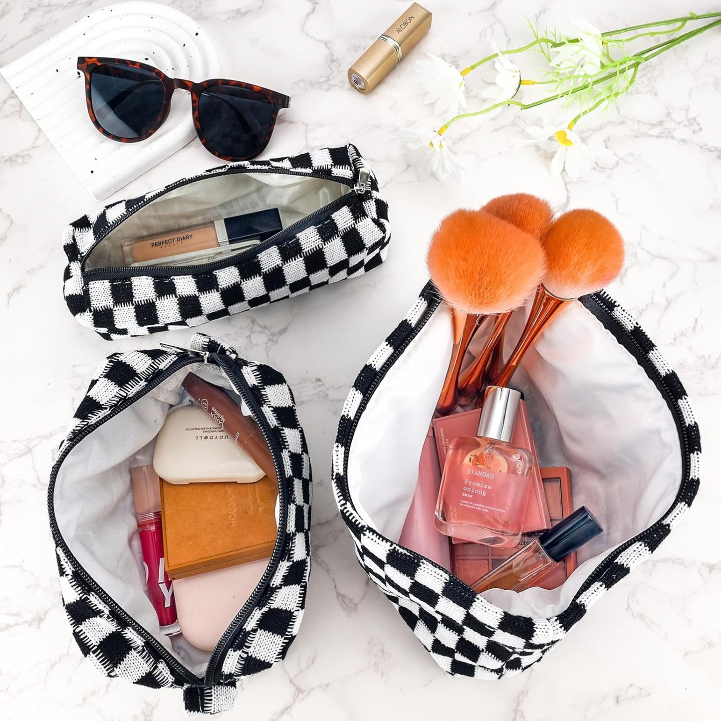 ZLFSRQ 3Pcs Checkered Makeup Bag for Women Large Small Checkered Cosmetic Bag Set Aesthetic Preppy Pencil Case Cute Pencil Pouch Black Makeup Pouch for Purse Travel Toiletry Bags Zipper Skincare Bags