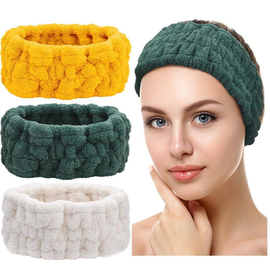 Chuangdi 3 Pieces Spa Headband for Women Facial Makeup Headband Soft Terry Cloth Hairband for Washing Face Mask Spa Shower Gifts(Milky-White, Yellow, Dark Green)