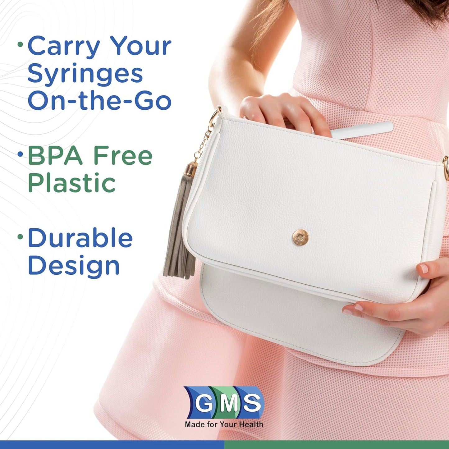 GMS 60 Unit Syringe Case - Holds New, Prefilled & Used Syringes with Needles - Small & Discreet - Ideal for Travel - Sharps Container - 2 Pack - White