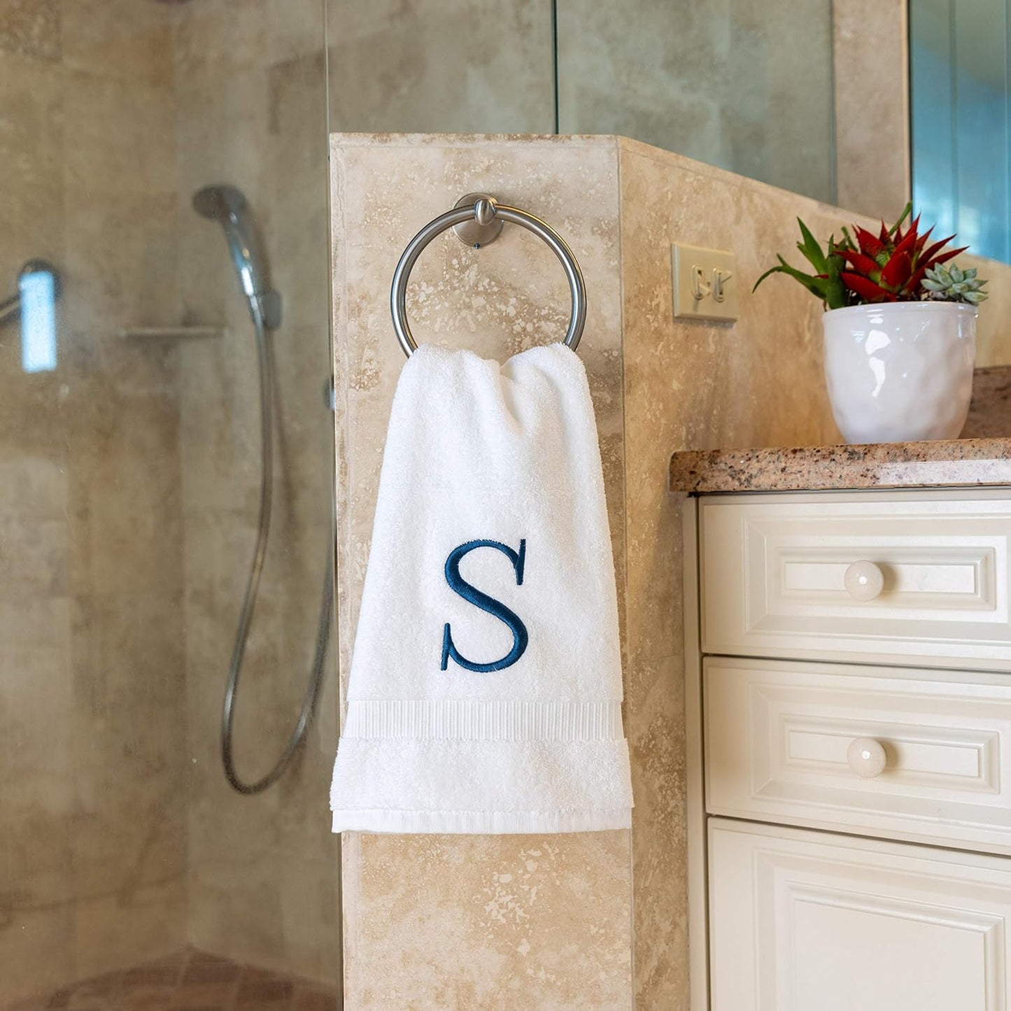 Monogrammed Hand Towels for Bathroom - Luxury Hotel Quality Personalized Initial Decorative Embroidered Bath Towel for Powder Room, Spa - GOTS Organic Certified - Set of 2 Navy Letter S