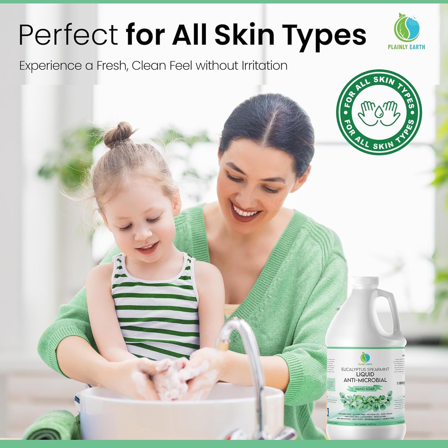 AntiMicrobial Hand Soap 64 oz - Eucalyptus Spearmint Gentle Liquid Hand Soap Refill Antibacterial - Moisturizing, Long Lasting Freshness & Safe for Skin