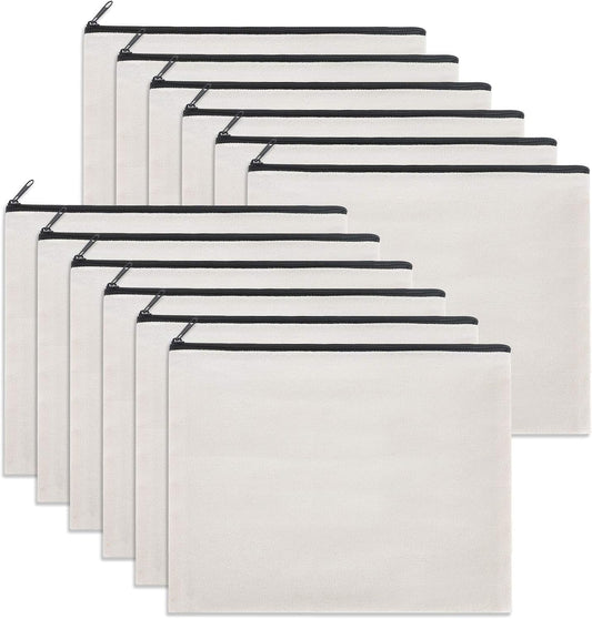 12 Pieces White Cotton Canvas Makeup Bag, Multipurpose Cosmetic Bag with Zipper Travel Toiletry Pouch, Blank DIY Craft Bag (White, L)