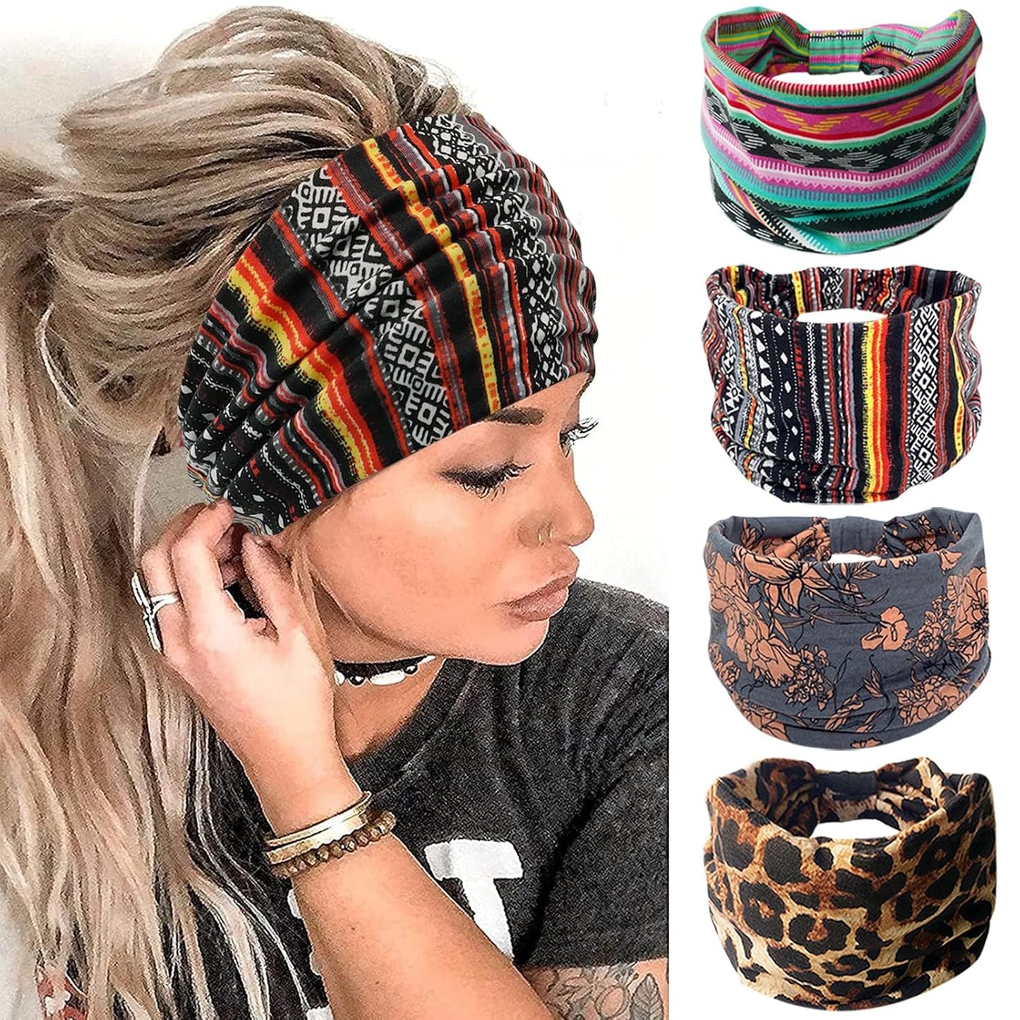 Wide Boho Headbands for Women Fashion Knotted Headband Yoga Workout Hair Accessories African Head Wrap 4 Pack
