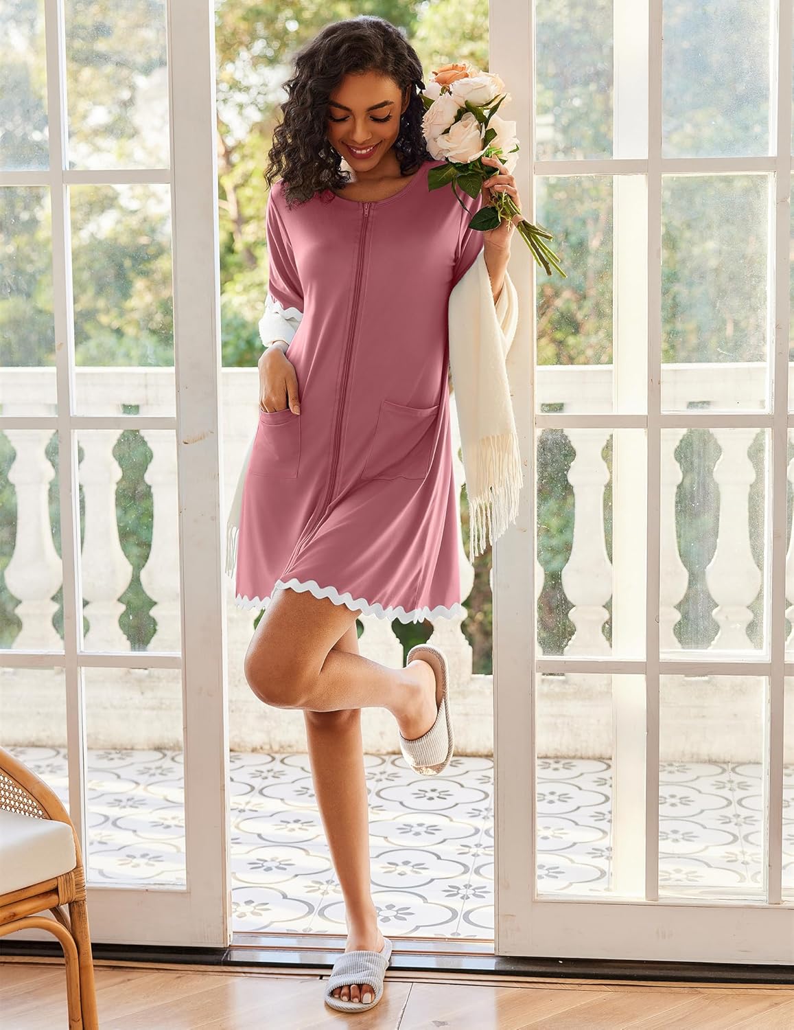 Ekouaer Women Zip Up Robe Lightweight Housecoats with Pockets Knee Length Short Bathrobes Soft Nightgown S-3XL