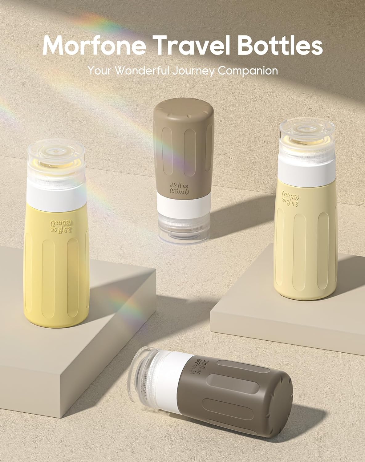 Morfone 16 Pack Silicone Travel Bottles Set for Toiletries TSA Approved Travel Containers Leakproof Squeezable Refillable Accessories 2oz 3oz for Shampoo Conditioner Lotion Liquids (Brown Yellow)