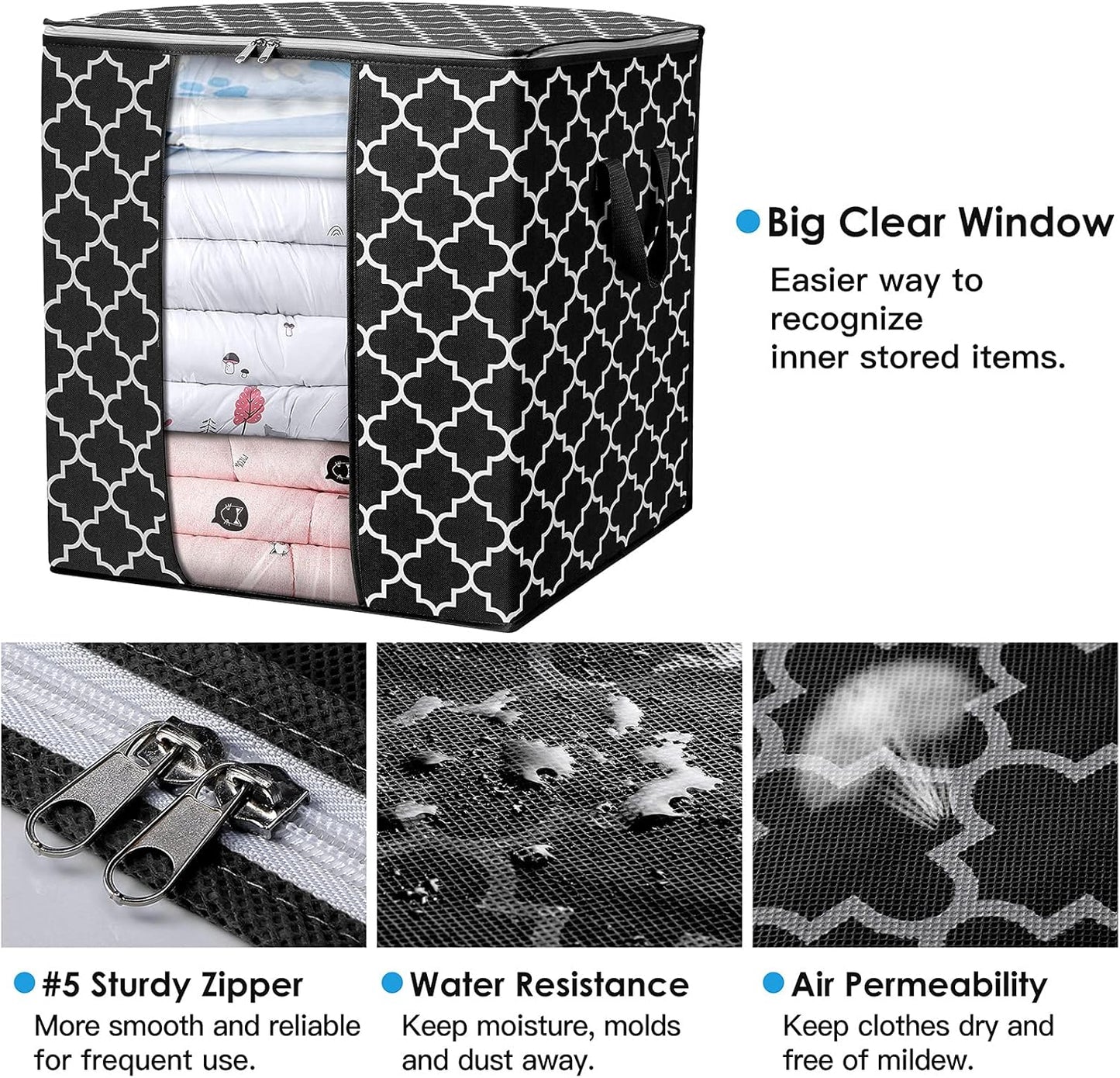 WISELIFE Storage Bags 8 Pack/100L Large Blanket Clothes Organization and Storage Containers for Comforters,Bedding, Foldable Organizer with Reinforced Handle, Clear Window, Sturdy Zippers,Black