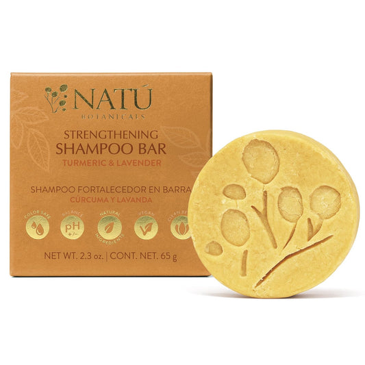 NATÚ BOTANICALS Strengthening Solid Shampoo Bar – Turmeric & Lavender - Clarifying Shampoo with Tea Tree Oil For Scalp - Moisturizes, Strengthens & Soothes Hair & Scalp - Sulfate & Paraben-Free, 2.3oz