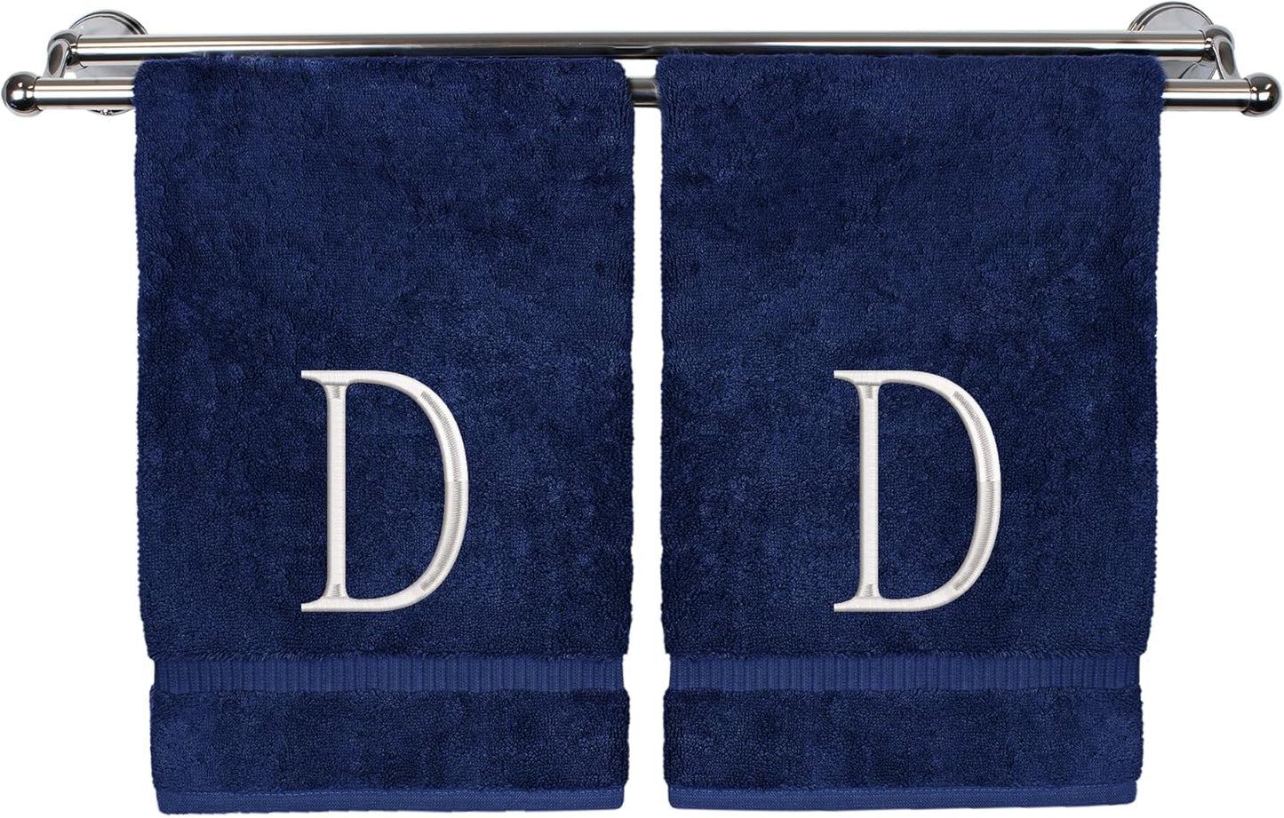 Monogrammed Hand Towel, Personalized Initial Gift, Extra Absorbent 100% Turkish Cotton - Soft Terry Finish - Set of 2 - White Block Initial D - Embroidered on Navy Blue Towels