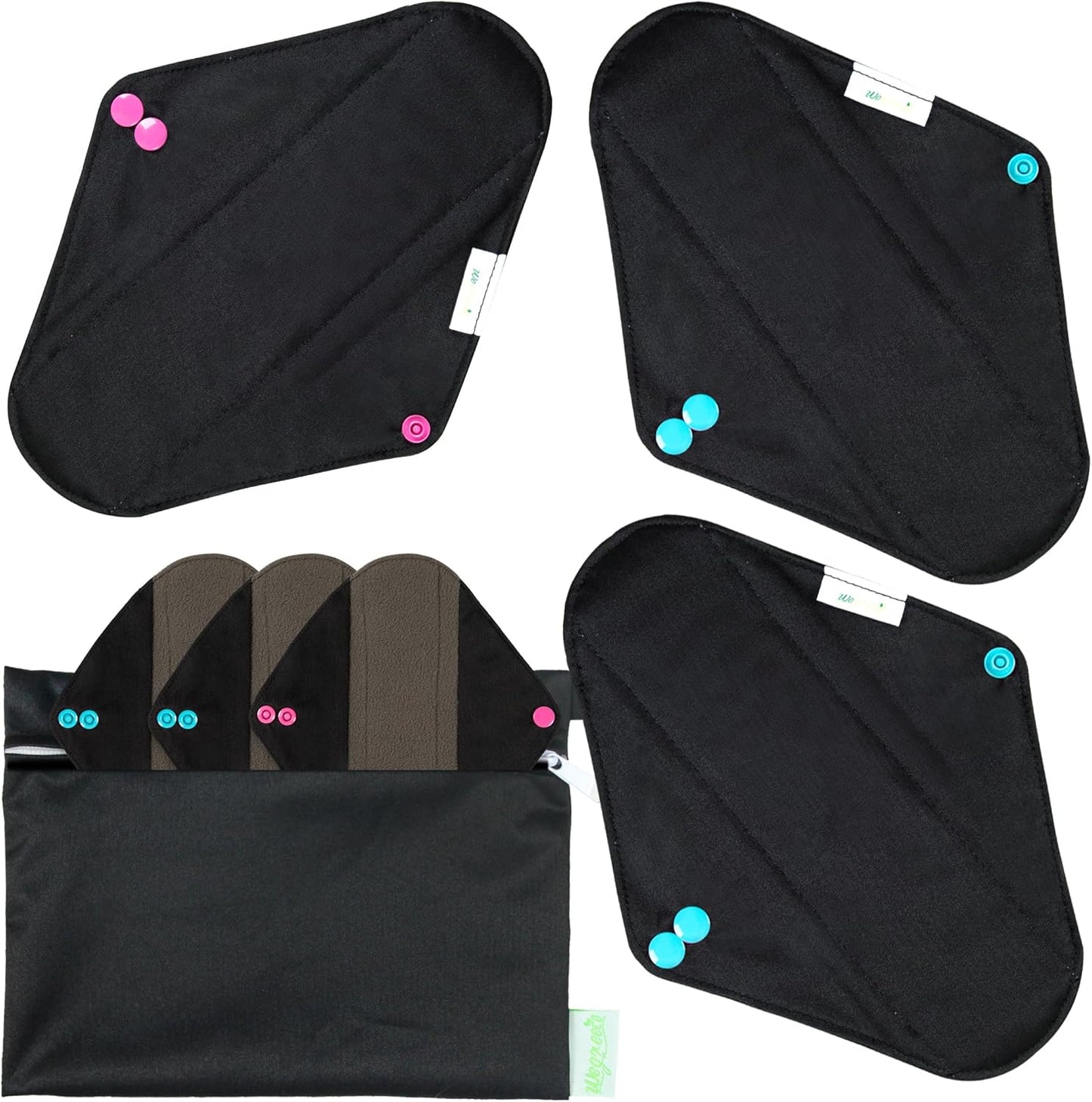 wegreeco Charcoal Reusable Menstrual Pads - Reusable Sanitary Pads | Reusable Panty Liners | Soft Cloth Menstrual Pad- 6 Pack with 1 Cloth Mini Wet Bag (Small, Black)