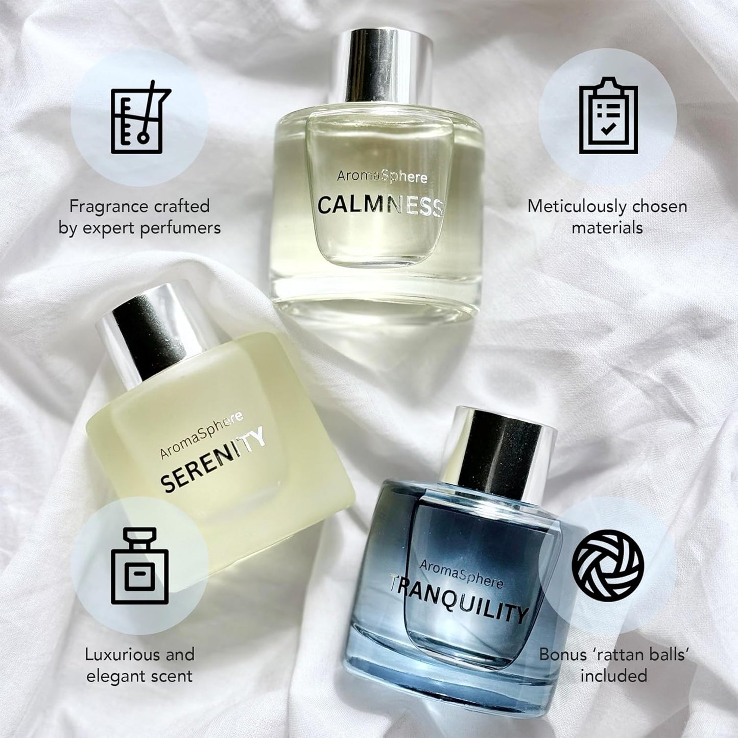 Reed Diffuser Set of 3, Eucalyptus Jasmine Lemongrass Aromatherapy Fragrance Oil | 12 Black Reed Sticks and 6 Rattan Balls, 3 x 50ML | Home, Office, Bathroom, Bedroom Essentials | AromaSphere