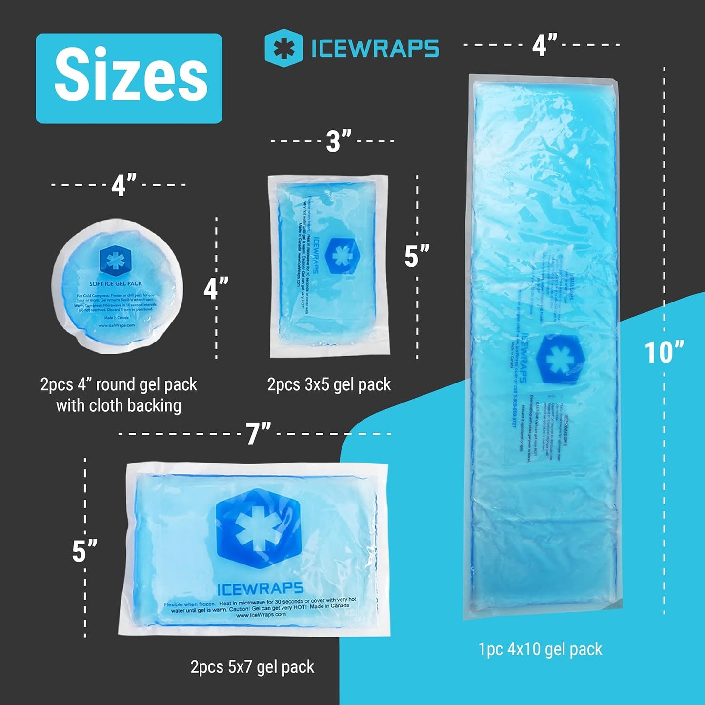 ICEWRAPS Reusable Multipurpose Gel Ice Packs in 4 Sizes - Hot Cold Pack for Kids Injuries, First Aid, Sport Injuries, Breastfeeding, Wisdom Teeth, Muscle and Joint Pain Relief - 7 Pack - Set A