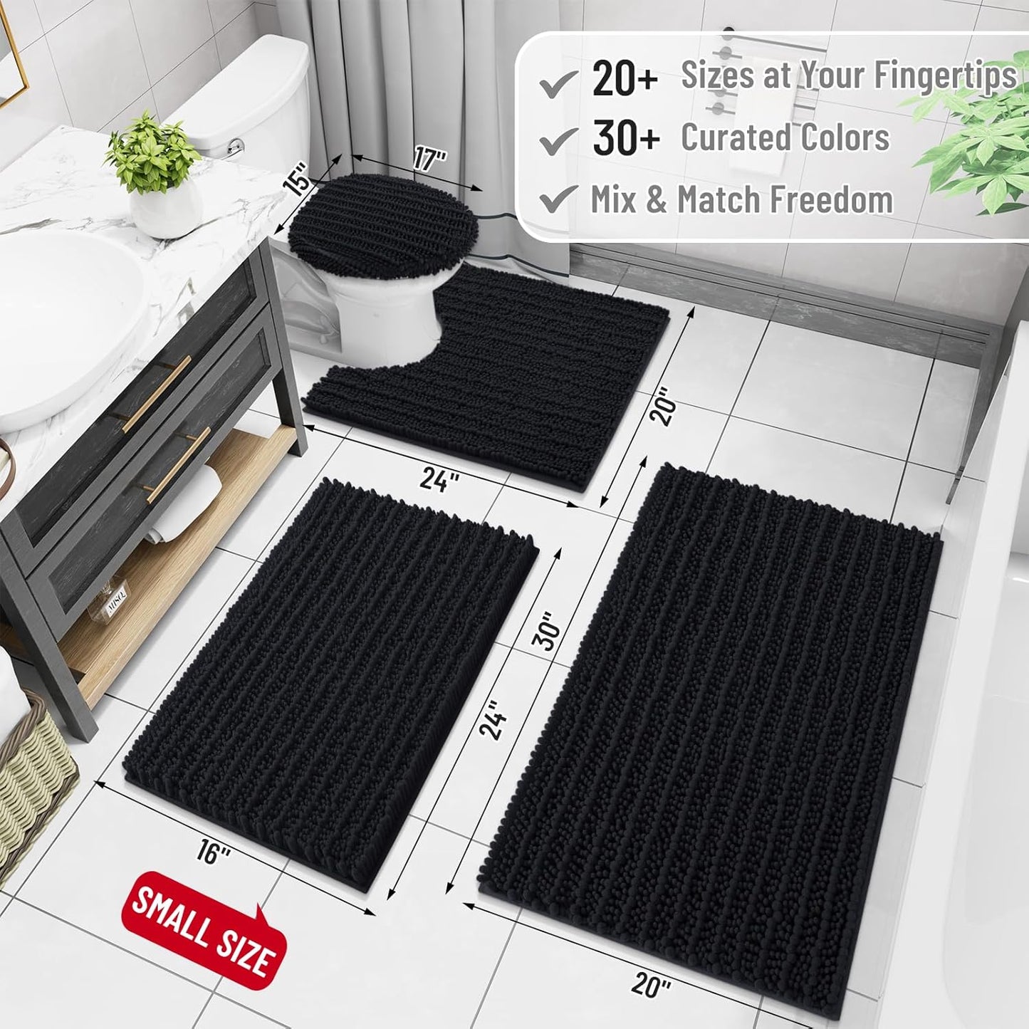 Arotive Luxury Chenille Bathroom Rug Mat, Extra Soft Thick Absorbent Shaggy Bath Rugs, Non-Slip Machine Wash Dry, Plush Bath Mats for Bathroom, Shower and Tub, 60x20, Black