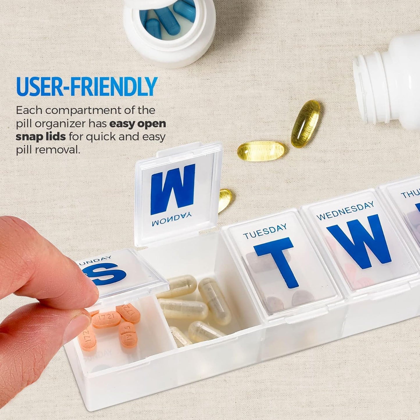 Weekly Pill Organizer - 7-Day Pill Planner Extra Large Pill Planner and Daily Pill Organizer and Medicine Reminder, Monday to Sunday Compartments - BPA Free - Travel Pill Box Case (Pack of 4)