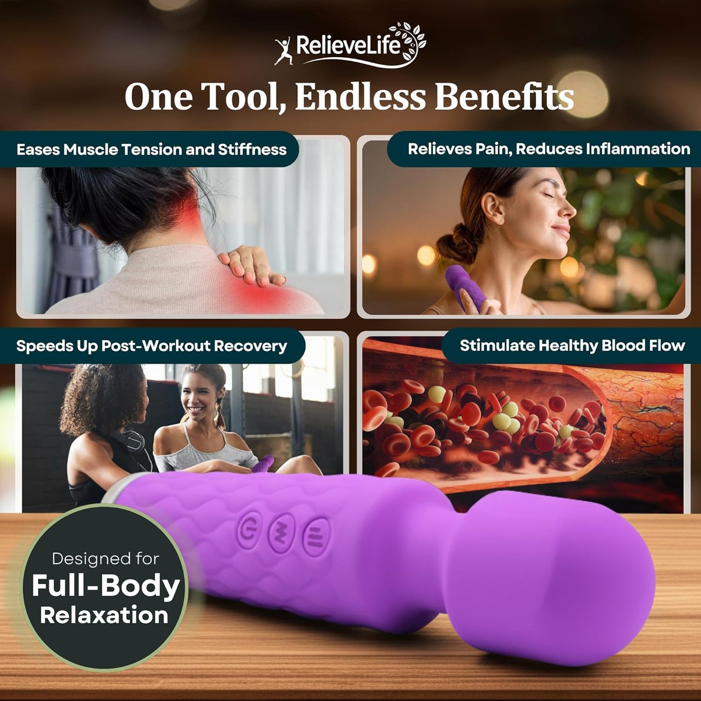 Massage Wand Handheld Cordless Massager Deep-Tissue Hand Massager & Body Massage Tool for Pain Relief, Muscle Recovery, Circulation & Inflammation Reduction