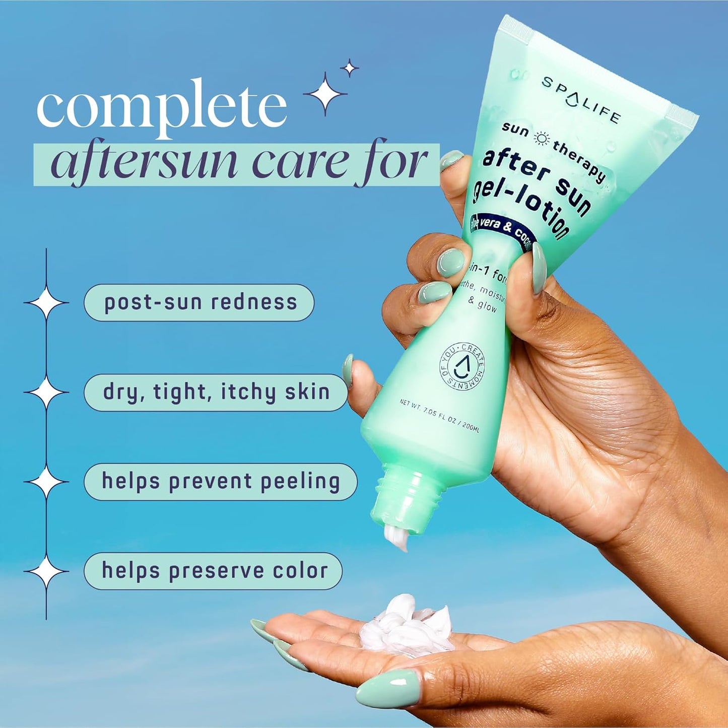 SpaLife After-Sun-Gel Lotion and Moisturizer for Sunburn Refelief - Two in One Formula, Infused with Aloe, Coconut Oil and Hyaluronic Acid - 2 Pack