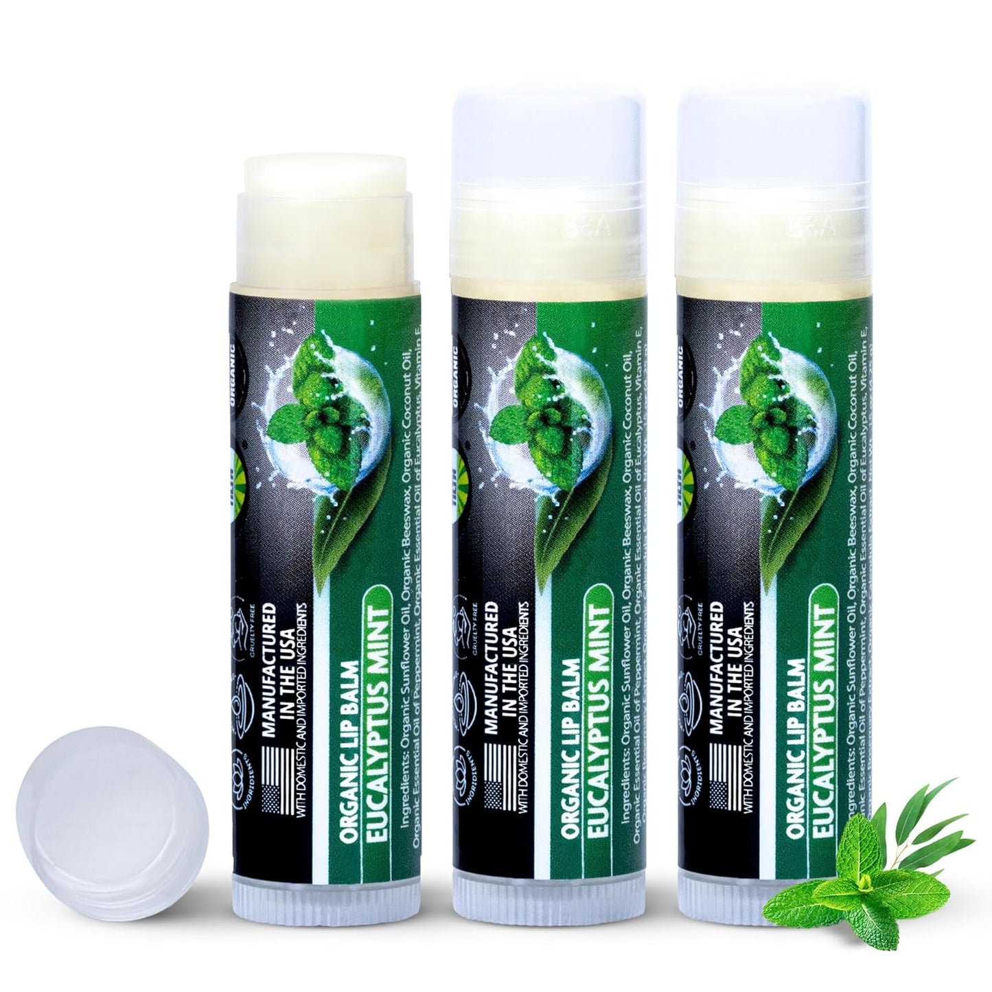 Organic Eucalyptus Mint Lip Balm 3 Pack | Hydrating Chapstick for Dry Lips | Natural Lip Care for Men and Women