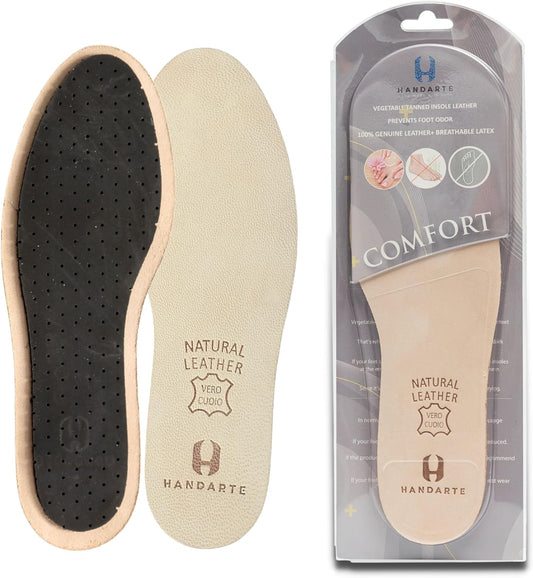 HANDARTE Leather Sockless Shoe Insoles | Thin Dress Shoe Inserts for Women | 100% Natural Goatskin - ChromeFree, Anti Sweat & Anti-Odor (US W7 | EU38)