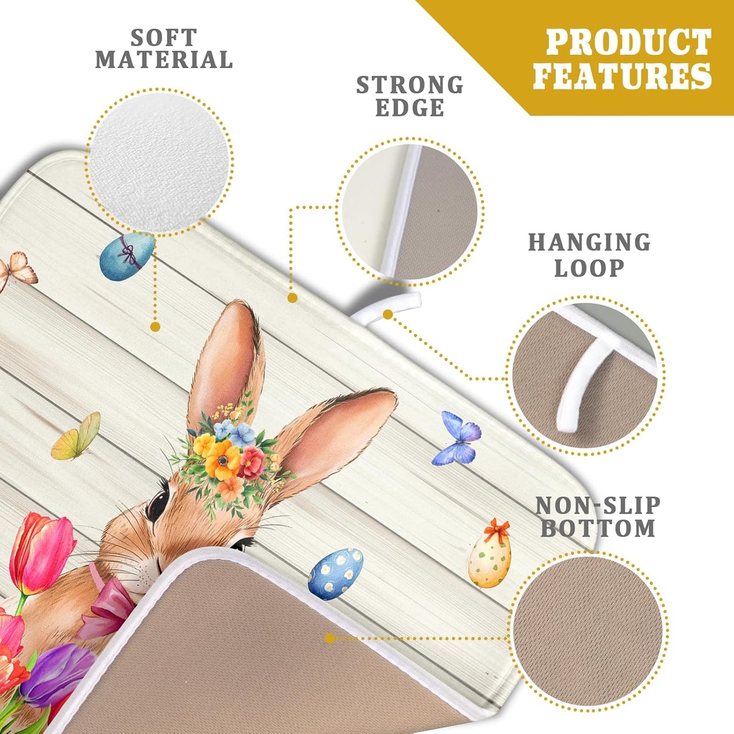 Easter Bunny Dish Drying Mat 16x18 inch Eggs Floral Fast Drying Pad Washable Reversible Microfiber Dish Drainer Mats for Kitchen Counter