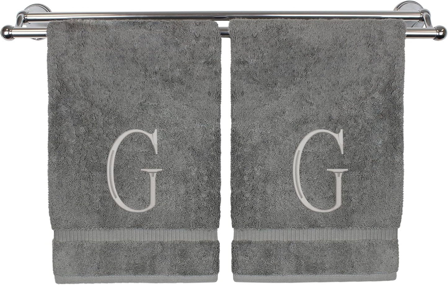 Monogrammed Hand Towel, Personalized Initial Gift, Extra Absorbent 100% Turkish Cotton - Soft Terry Finish - Set of 2 - Silver Block Initial G - Embroidered on Grey Towels