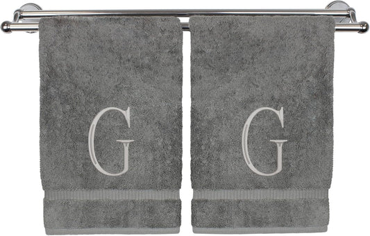 Monogrammed Hand Towel, Personalized Initial Gift, Extra Absorbent 100% Turkish Cotton - Soft Terry Finish - Set of 2 - Silver Block Initial G - Embroidered on Grey Towels