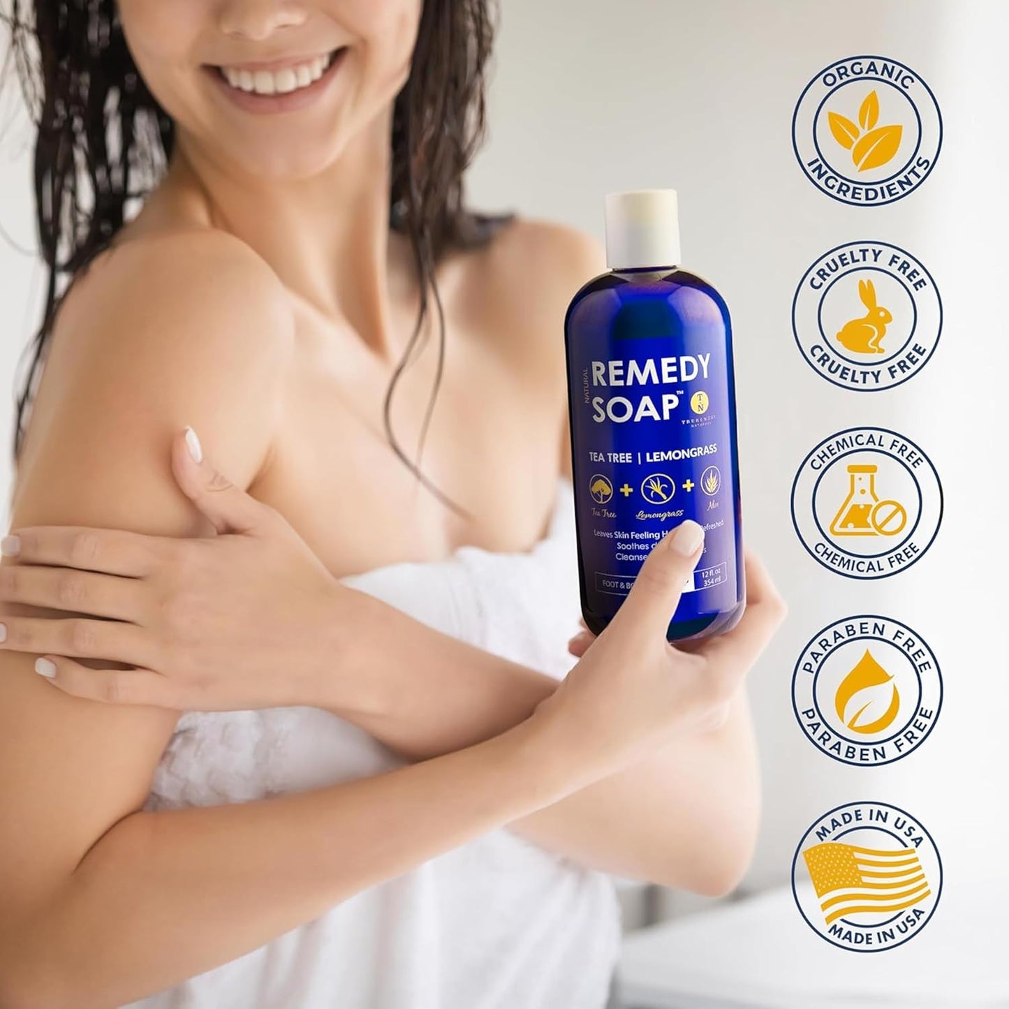 Truremedy Naturals Tea Tree Oil & Lemongrass Body Wash – 12 oz Natural Antifungal Shower Gel for Skin Irritations – Organic Oils, No Sulfates – Refreshing, Moisturizing Soap for Men & Women