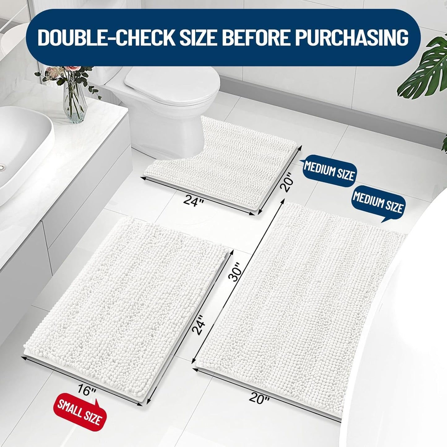 Grandaily Chenille Striped Bathroom Rugs 30x20, Extra Thick and Absorbent Bath Mats, Non-Slip Soft Plush Shaggy Shower Carpet, Machine Wash Dry, Bath Rug for Bathroom, (Medium, Ivory)