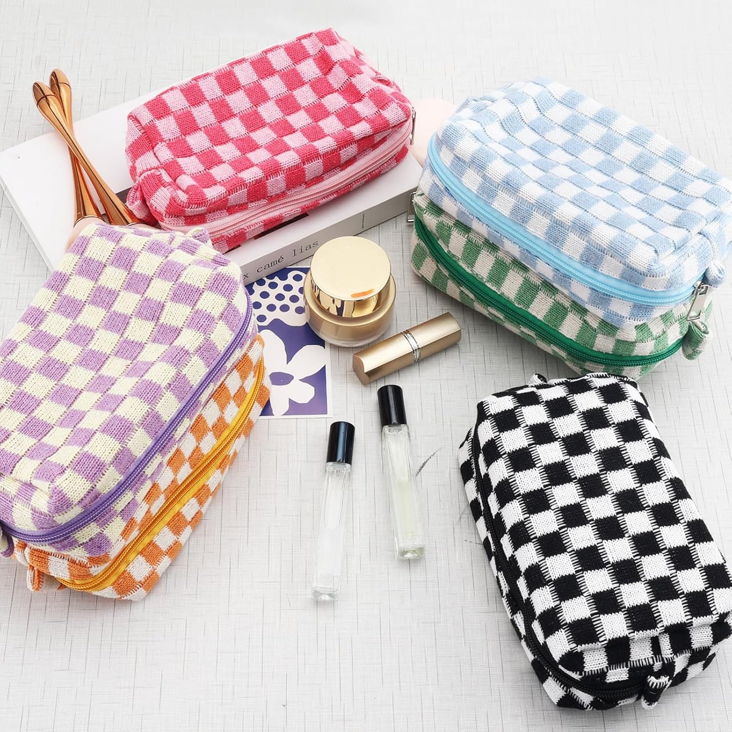 ZLFSRQ 6Pcs Checkered Pencil Case Cute Pencil Pouch for Teens Checkered Makeup Bag Colorful Medium Travel Cosmetic Bag Pink Makeup Pouch for Purse Aesthetic Trendy Zipper Toiletry Bags Organizer